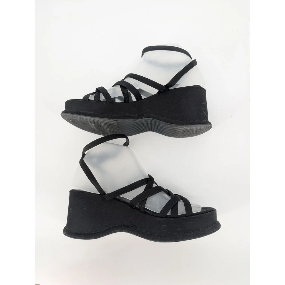 VTG 90s Y2K Satin Sequin Platform Wedge Sandals 7.5 Black Strappy Indie Glam